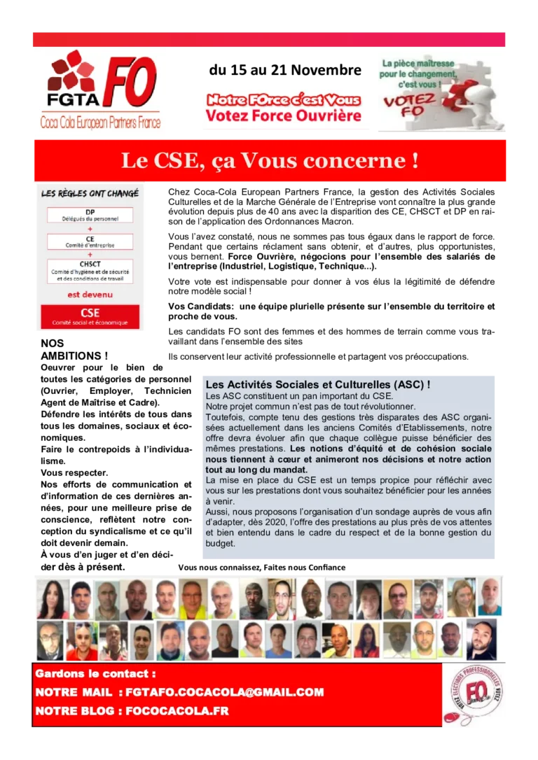 Affiche de campagne FGTA-FO Coca-Cola pour les élections CSE 2019.