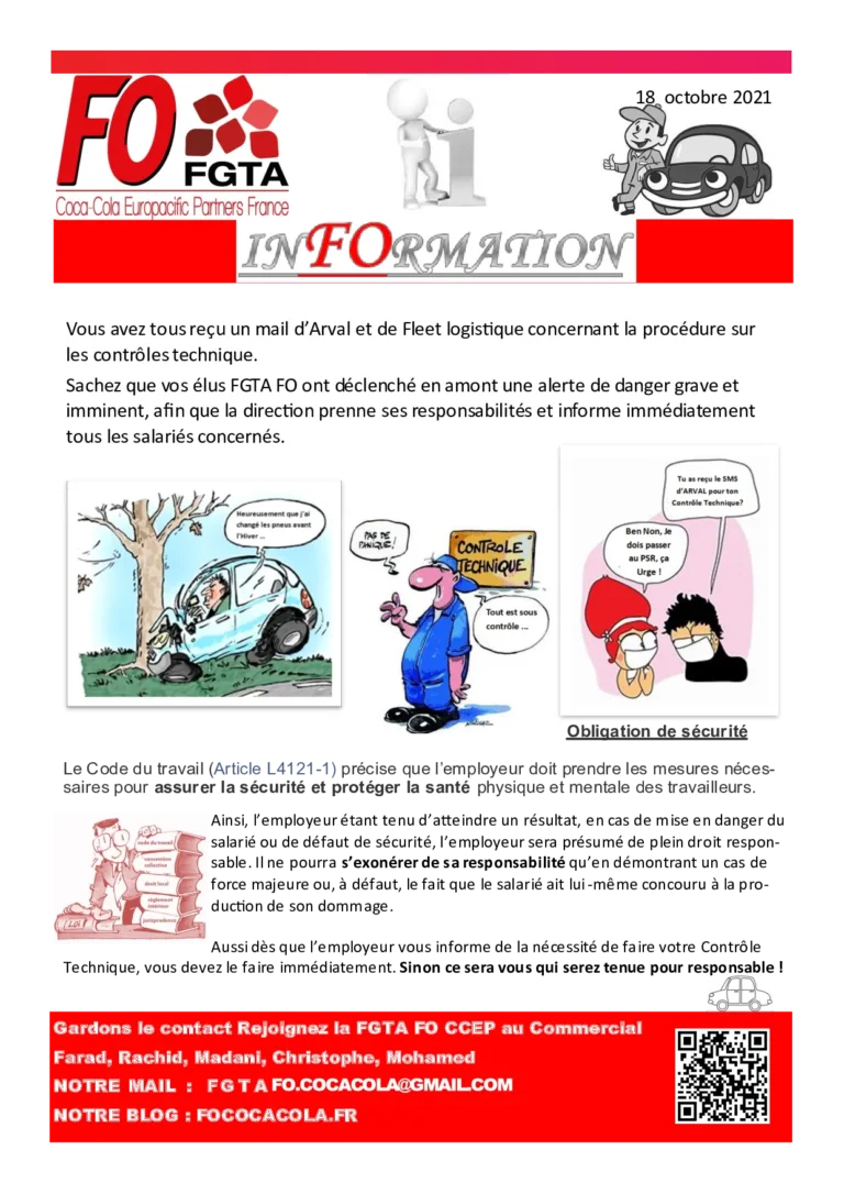 Action FO sur les contrôles techniques véhicules et responsabilités.