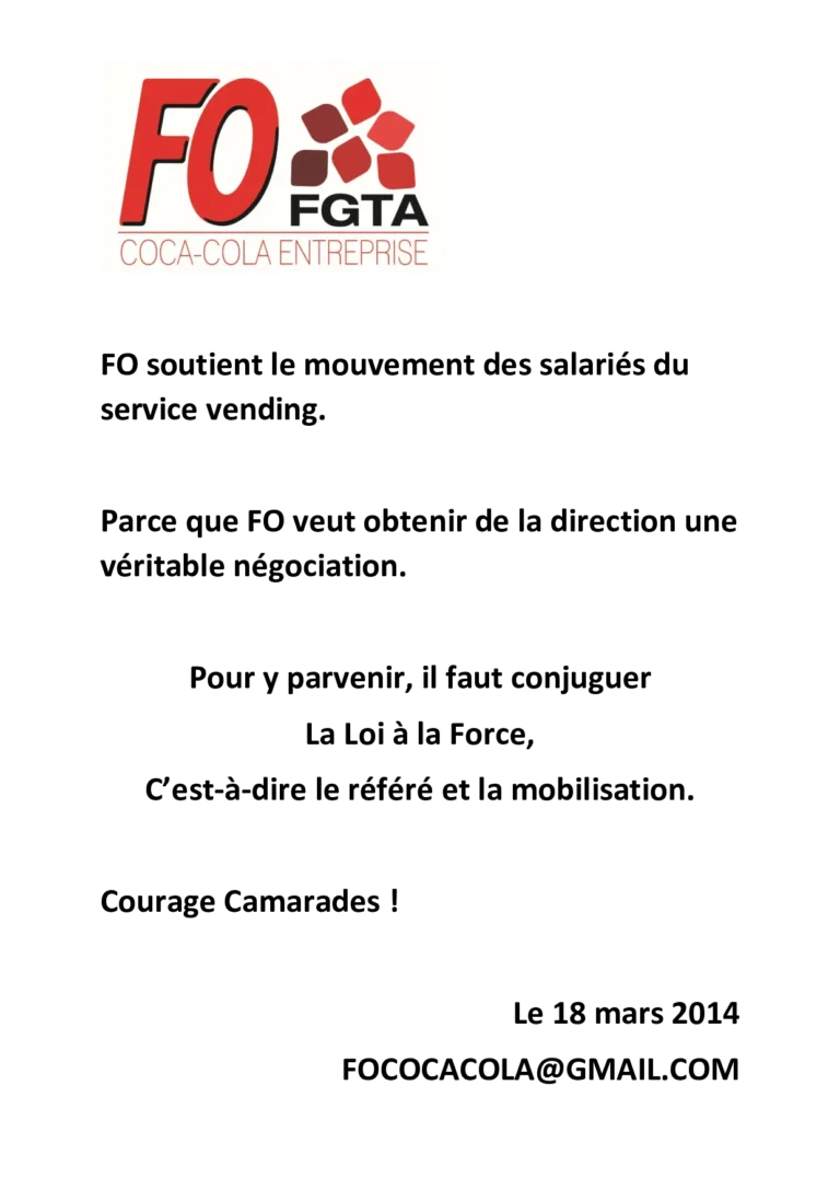 FO soutient les salariés du service vending Coca-Cola en 2014.