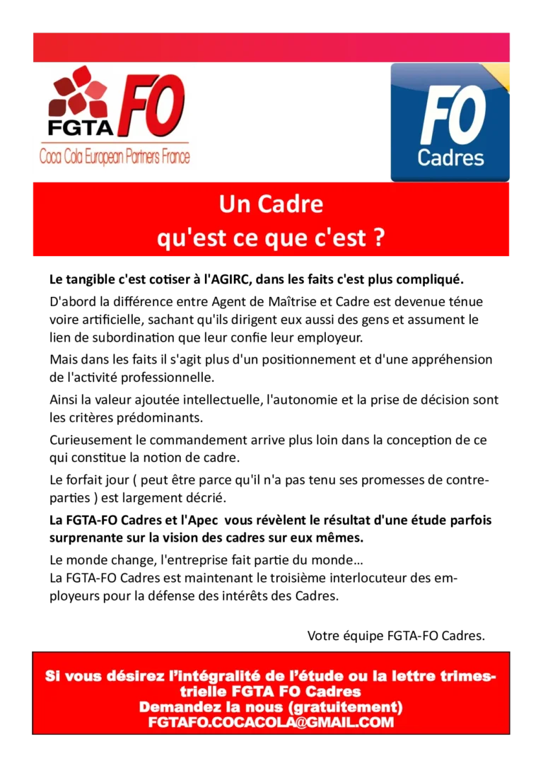 Document syndical sur l'évolution, attentes et réalités du statut cadre.