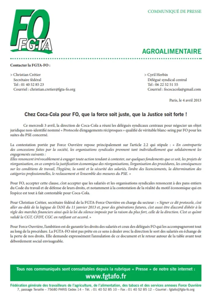Illustration : Coca-Cola : FO refuse le « blanc-seing » et défend vos droits ! - FGTA Force Ouvrière Coca-Cola