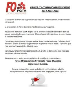 Illustration : FO signe l'accord Intéressement/Participation malgré l'intransigeance - FGTA Force Ouvrière Coca-Cola