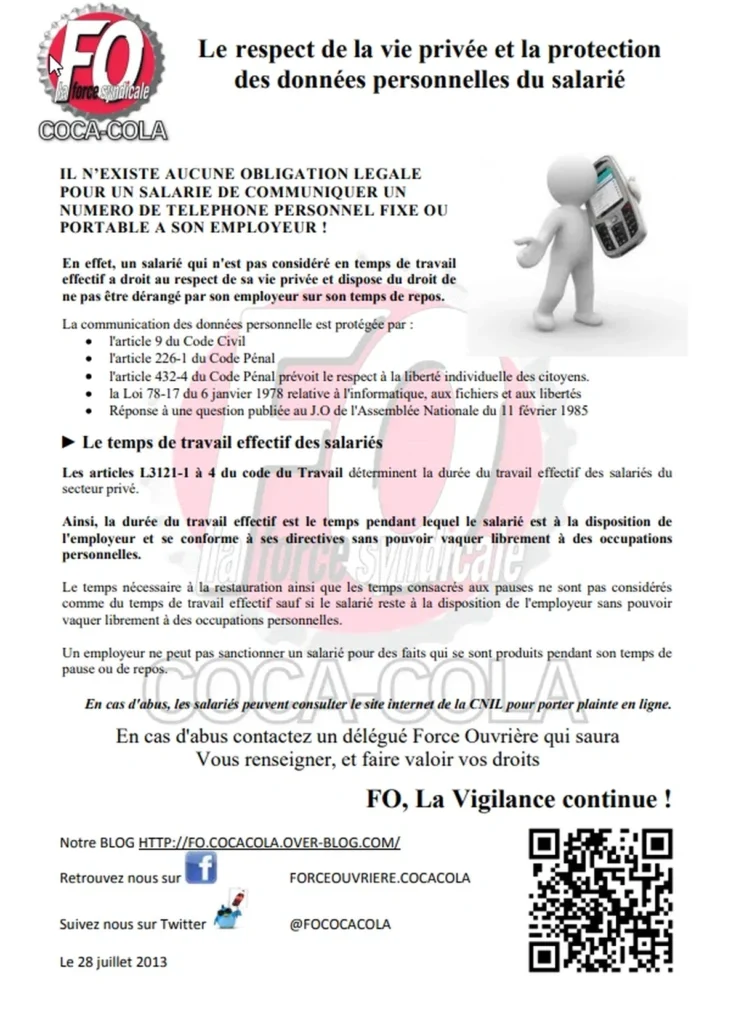 Illustration : FO : Vie privée du salarié, données personnelles, vos droits ! - FGTA Force Ouvrière Coca-Cola