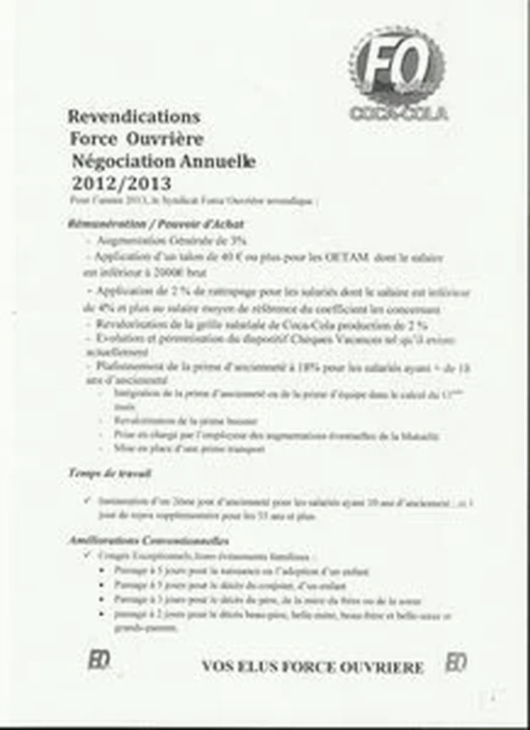 Illustration : FO Socx: Nos Revendications Clés pour Salaires & Droits ! - FGTA Force Ouvrière Coca-Cola