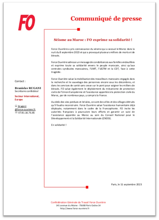 FO Coca-Cola exprime sa solidarité suite au séisme au Maroc.