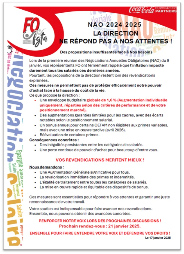 Image d'alerte FO Coca-Cola concernant les NAO 2025.